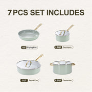 Chef Power 7 Pcs Ceramic Cookware Set, Non-Stick Pots and Pans with Stainless Steel Handles, Oven and Dishwasher Safe, Sage Green with Light Gold Handles, AHUSNS01162