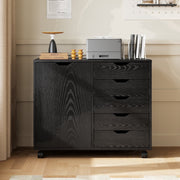 GALAXHERO 5-Drawer File Cabinet with Adjustable Shelf, Mobile Printer Stand, Black Wood Grain