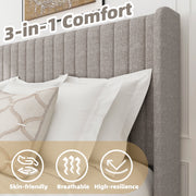 Frostbloom King Size Linen Fabric Upholstered Bed with Wingback Headboard, Beige, High Profile, 1000 lb Load Capacity