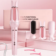 Huakeyou 3-in-1 Auto Rotating Curling Iron with Waver and Straightener Brush, Pink