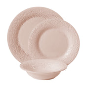 The Pioneer Woman Vintage Lace 12-Piece Ceramic Dinnerware Set, Pink, Durable Stoneware, Embossed Lace Design