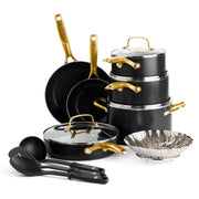 Blue Diamond Gold 14-Piece Ceramic Nonstick Cookware Set, Diamond Infused, PFAS-Free, Induction Compatible, Oven Safe to 600F, Black and Gold