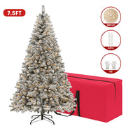 VAVSEA 7.5ft Pre-Lit Snow Flocked Christmas Tree with 350 Warm White LED Lights, 1200 Tips, Hinged Branches, Storage Bag, Christmas Fence, Tree Skirt, Gloves, Metal Stand