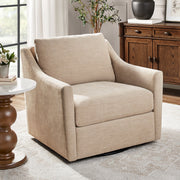 My Texas House Roan Swivel Accent Chair, Cream Fabric Upholstery, Modern Farmhouse, 360 Swivel, Solid Wood Frame, Square Arms