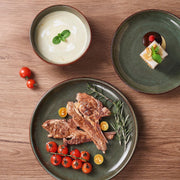 Pokini W-YC12-BY 12-Piece Stoneware Dinnerware Set with Reactive Glaze, Brown Green, Plates and Bowls for 4