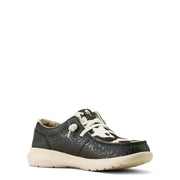 ARIAT Women Hilo Shoe, Floral Embossed Leather and Hair Calf Slip-On Flats, Black Floral Emboss/Black and White, Cushioned Rubber Sole, 7.5, 10063882