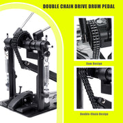 Vaisoeny Double Bass Drum Pedal with Double Chain Drive, Adjustable Rebound and Hammer Angle, Non-Slip Base, Black and Silver, JKC10