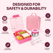 PoppiKids Bento Lunch Box Set with 4-Section Leak Proof Container, Insulated Stainless Steel Thermos Food Jar, Spoon and Fork Utensils, Insulated Lunch Bag, Pink