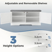 Concetta White Storage Bench, 39 Inch Width, Padded Seat with 26mm Sponge Cushion, Four Barn-Door Compartments, Adjustable Shelf, EPA-Certified Board