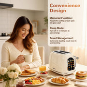 Mecity Easy Touch Screen 2-Slice Retro Stainless Steel Toaster, Wide Slots, 6 Browning Levels, Bagel Defrost Reheat Functions, Removable Crumb Tray, Cream