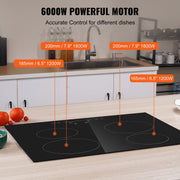KFFKFF Electric Cooktop, 4 Radiant Burners, 6000W, Ceramic Glass Top, Touch Controls, Built-in Timer, Child Lock, 9 Heat Levels, Black, 23.2x20.5 in, LT4-77