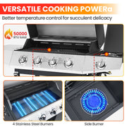 Segmart 4-Burner Propane Gas Grill, Stainless Steel, 50,000 BTU, Side Burner, 474 sq. in. Cooking Area, Built-In Thermometer, Towel Rack, Tool Holder, Lockable Casters