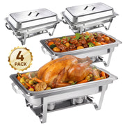 Daluvenix 4 Pack 8 Quart Stainless Steel Rectangular Chafing Dish Set with Lids, Pans, Fuel Holders for Catering and Events