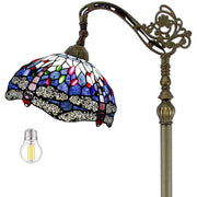 WERFACTORY Tiffany Floor Lamp, 64in Baroque Antique Bronze Base, Stained Glass Multicolor Dragonfly Shade, Adjustable Height, LED Light Included, S00412F03