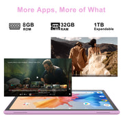NOVOJOY Android Tablet, 10.1 Inch IPS HD Touchscreen, 6GB RAM, 32GB Storage, 1TB Expansion, 6000mAh Battery, Dual Camera, WiFi-6, Bluetooth 5.0, Pink with Case and Stylus NVZB10Pink3in1