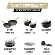 Blue Diamond Gold 14-Piece Ceramic Nonstick Cookware Set, Diamond Infused, PFAS-Free, Induction Compatible, Oven Safe to 600F, Black and Gold
