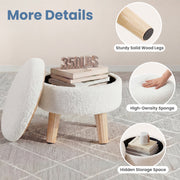 ZUNMOS Storage Ottoman, Modern Round Teddy Velvet Footrest with Soft Padded Seat, Solid Wood Legs, Hidden Storage Compartment, Beige