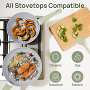 Kitexpert Non Stick Ceramic Frying Pan Set, Diamond-Textured Coating, Green, 8 in 9.5 in 11 in, Induction Compatible, Includes Glass Lids, 1122234