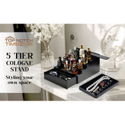 TOPNOTCHTIMBER Wooden Perfume Organizer Set, Black Pine Perfume Shelf and Acacia Tray