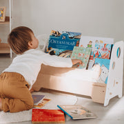 WoodandHearts Montessori Wooden Adam Bookshelf for Toddlers, 2-Shelves, White and Natural Birch Plywood, Minimalist Design, 22in x 9.8in x 14.5in, AAFG008