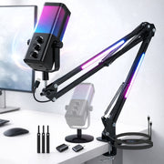 EZBY Gaming USB Microphone Kit, 14mm Condenser Core, Supercardioid, Dual RGB Lighting, Adjustable Boom Arm, Type-C Plug & Play