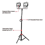 Hyper Tough 1000W Halogen 2 Light Corded Tripod Mounted Portable Work Light, Black, VN-76251