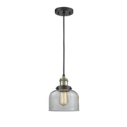 Innovations 1 Light Mini Pendant, Black Antique Brass Finish, Clear Large Bell Glass Shade, Dimmable LED, Adjustable Hanging Cord, 8 in, 201C-BAB-G72-LED