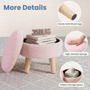 Concetta Round Storage Ottoman with Soft Teddy Velvet Upholstery, Sturdy Wood Legs, Pink, Compact Size