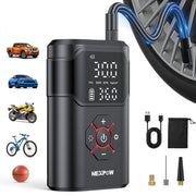 NEXPOW Tire Inflator Portable Air Compressor, 150 PSI, Dual-Screen Display, Rechargeable Battery, Compact Wireless Design