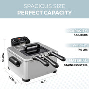 Alpha Living Electric Deep Fryer, 4.5L Capacity, Stainless Steel, Adjustable Temperature Control, Timer, 3 Baskets (Two 2-Quart, One 4-Quart), Viewing Window Lid, ED-1400