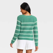 A New Day 94822255 Women's Knit Pullover Sweater, Green Cream Striped, Long Sleeve, Mid Length