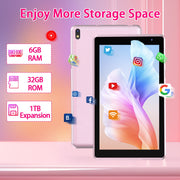 HDTABLET 7 Inch Android Tablet, Quad-Core 1.5 GHz Processor, 6GB RAM, 32GB Storage, 1TB Expandable, WiFi6, 1024x600 IPS Touchscreen, Dual Camera, 3000mAh Battery, Pink