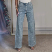 CassandraHayley Womens High-Waisted Rhinestone Washed Jeans, Full Rhinestone Detailing, Straight-Leg, Soft Stretch Denim