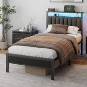 Furnulem HK-BF-009-CL Bed Frame with Charging Station LED Lights Upholstered Headboard 2-Tier Storage Shelve, Black