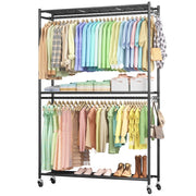 Sakugi US651BL-XL Heavy-Duty Clothes Rack with Mesh Shelves, Wheels with Brakes, Black, 45.2 in x 12.2 in x 79 in