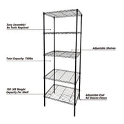 WorkPro 5-Tier Slim Black Wire Shelving, Adjustable Steel Storage Unit, Freestanding, 16x23x72 in