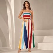 Veyora Apparel Women's Strapless Colorblock Pleated Maxi Dress, Rainbow Smocked Tube Top, Sleeveless Summer Dress