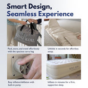 King Koil Queen Air Mattress, Built-In High-Speed Pump, Adjustable Plush Pillow Top, Waterproof Flocked PVC, Durable Coil-Beam Construction, 13in Thickness, Beige, KK13C2BG29332