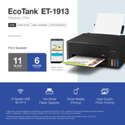 Epson EcoTank ET-1913 Wireless Color Supertank Inkjet Printer, Heat-Free Technology, Wi-Fi and USB Connectivity, Black, C11CL65201