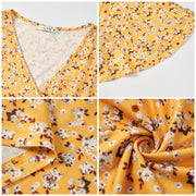 UVN Summer Dress for Women, A-Line Midi, V-Neck Wrap, Ruffle Short Sleeve, Boho Floral Print, Yellow