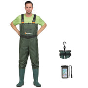 Gieeshield Waterproof Bootfoot Chest Waders, Lightweight 2-Ply Nylon PVC, Adjustable H-Back Suspenders, Waterproof Zipper Pocket, Boot Hanger, Green, M7 W9 DQ-WADERS-GR7