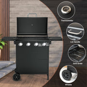 Kingchii DBR204C 4-Burner Propane Grill, 38,000 BTUs Gas Grill with Foldable Side Tables, Built-in Thermometer, Black