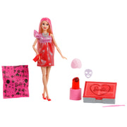 Mattel Barbie Party Unboxed Glam Party Series Red Sparkle Doll with 10 Surprises, Color-Change Makeup and Hair, Reversible Towel Dress, Accessories, JFY68
