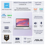 ASUS Chromebook CX15 Laptop, 15.6 in FHD NanoEdge Display, Intel Celeron N50 Processor, 4GB RAM, 128GB SSD, ChromeOS, Pure Grey, CX1505CTA-WS48G