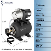 LANCHEZ Shallow Well Water Transfer Pump, 1.6 HP, Stainless Steel, Matte Black, 1340 GPH, 115V, With 5-Gallon Pressure Tank