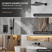 LIFERECORD 3-in-1 Matte Black Bathroom Shower Fixture with Rainfall Shower Head, Handheld Shower, Tub Spout, Brass Rough-In Valve ZX-HS610-BK