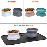 SportPet Designs Kitty City Elevated Whisker-Friendly Cat Bowls with Non-Skid Placemat, Gray/White, Small 6.5 oz, 3-Piece Set CM-0297-CS01