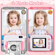 Aikidkit Kids Camera Instant Print, 2.4in Rotatable Flip Screen, 2MP CMOS Sensor, 1080p HD Video, Black-and-White Photo Printer, 32GB SD Card, Pink