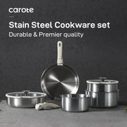CARROTS Battery Pots and Pans in Stainless Steel 10 Pieces, Kitchen Pan Set with Removable Handles with Lid for Induction, Dishwasher, Gas and Oven