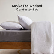 Sonive Washed Comforter Set, Queen, 3 Piece, Soft Breathable Microfiber, Fluffy Polyester Fill, Wrinkled Cotton-Linen Texture, White